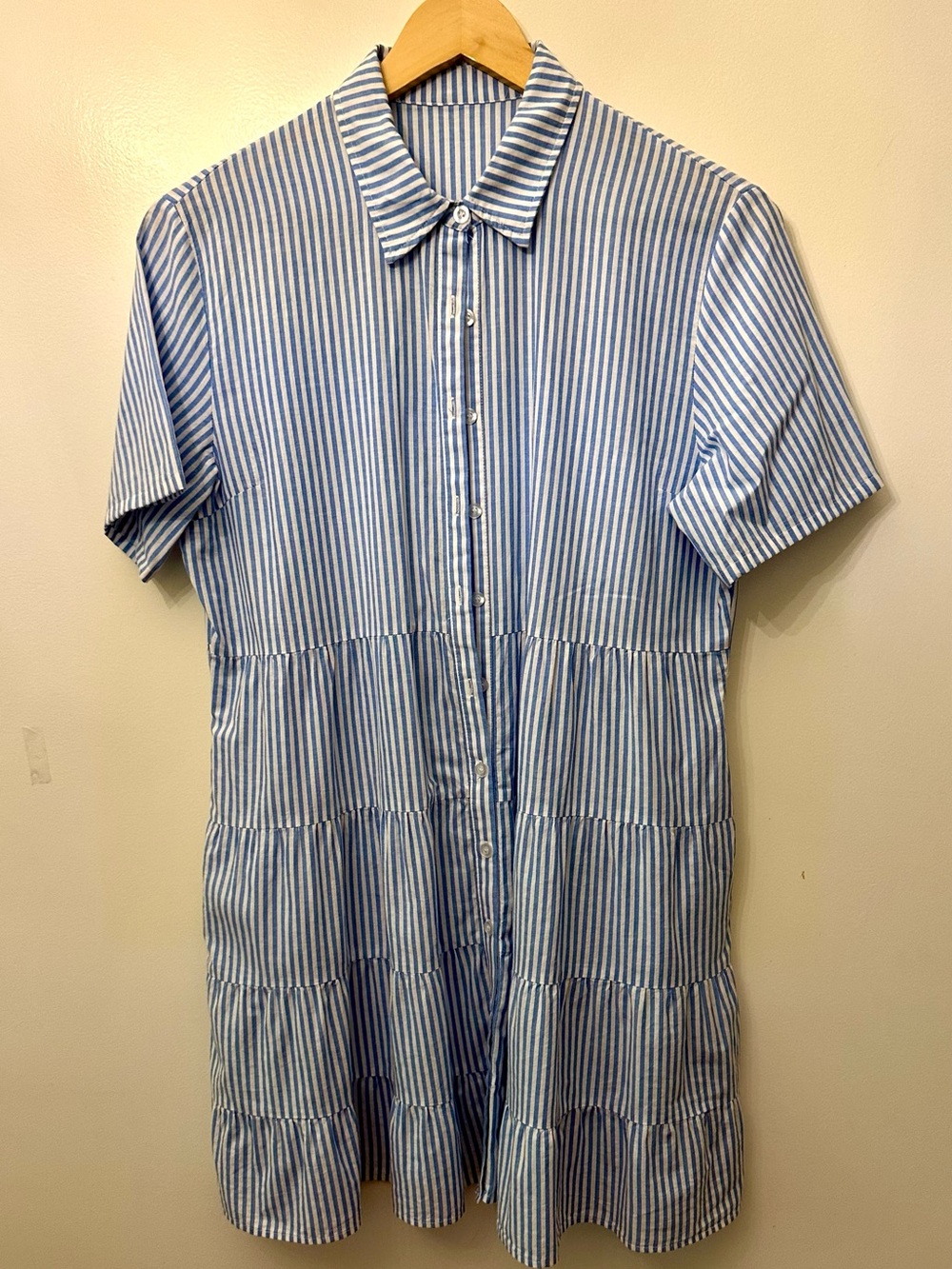 Blue and White Striped Short-Sleeve Shirt Dress